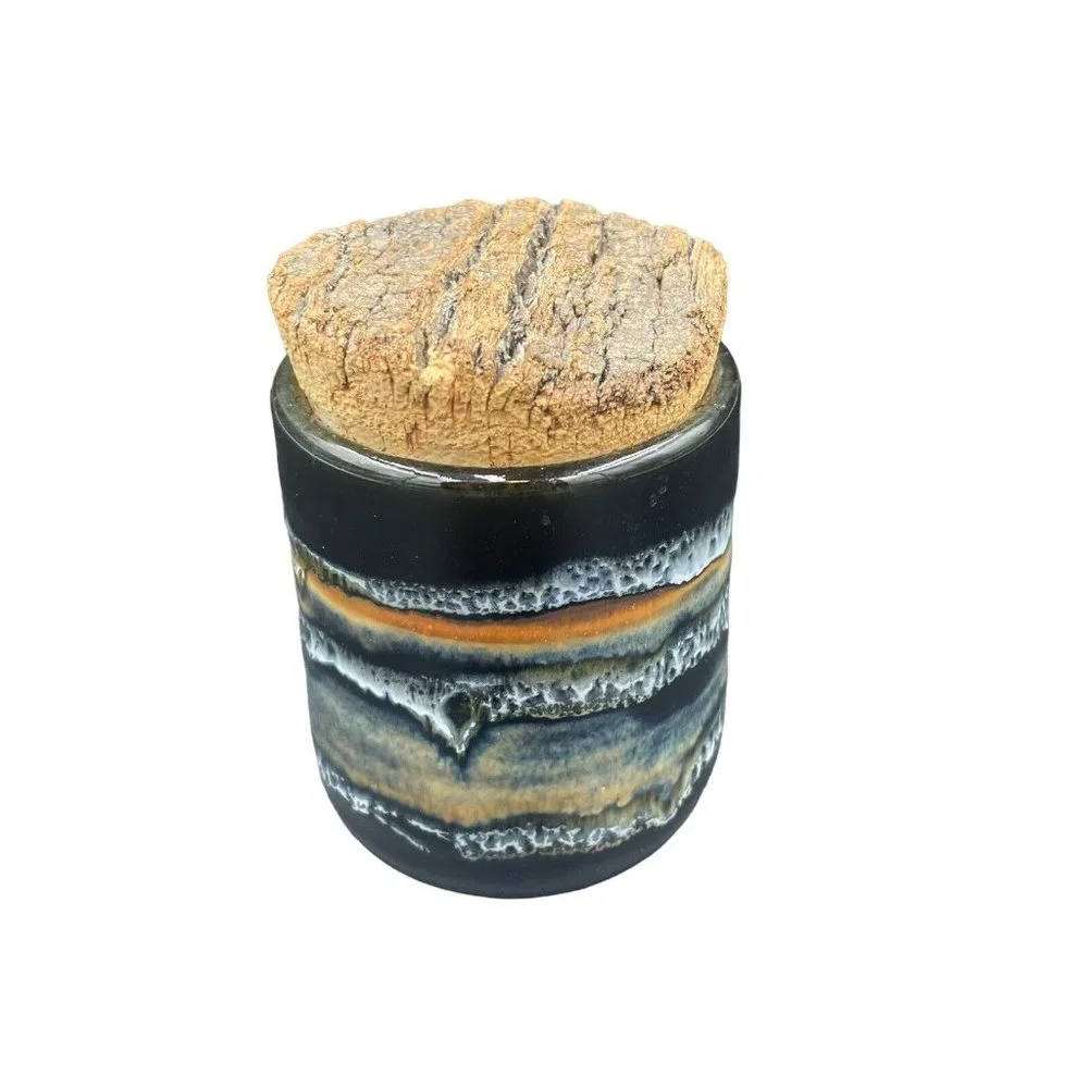 Studio Art Pottery Canister Jar With Cork Lid Black Beige Drip Glaze Glossy